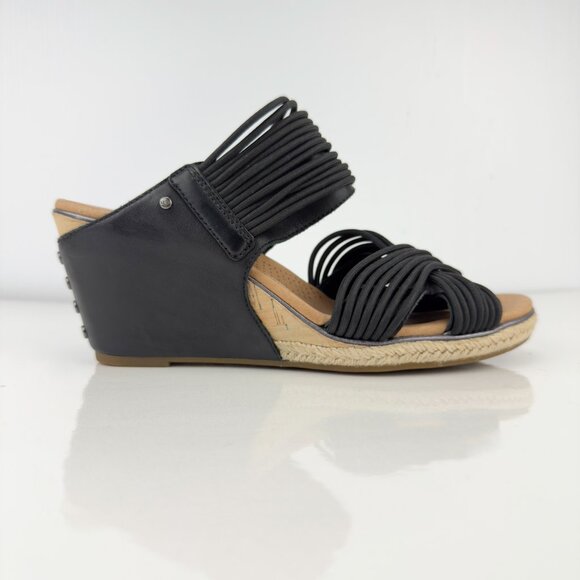 UGG Hilarie Wedge Sandals Black Leather Elastic Straps Espadrille US 8 EU 3 - Picture 9 of 12